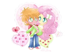 Size: 1024x724 | Tagged: safe, artist:pinkprincessblossom, derpibooru import, big macintosh, fluttershy, equestria girls, bridal carry, chibi, clothes, fluttermac, heart, male, shipping, simple background, skirt, straight, tanktop, transparent background