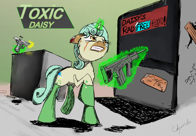 Size: 1717x1187 | Tagged: semi-grimdark, artist:chopsticks, derpibooru import, oc, oc:toxic daisy, unofficial characters only, pony, fallout equestria, assault rifle, cutie mark, fallout, female, gradient background, green magic, gritted teeth, gun, handgun, magic, mare, muzzle flash, pistol, rifle, solo, teeth, weapon