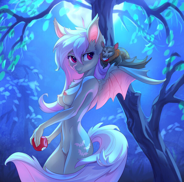 Size: 1200x1187 | Tagged: questionable, artist:tomatocoup, derpibooru import, fluttershy, anthro, bat pony, apple, breasts, casual nudity, cheek fluff, chest fluff, color porn, ear fluff, female, fluffy, flutterbat, flying fox, food, midriff, night, nipples, nudity, pubic fluff, race swap, shoulder fluff, solo, solo female, wing fluff