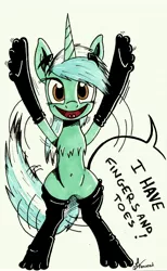 Size: 2941x4770 | Tagged: safe, artist:mrpenceaul, derpibooru import, lyra heartstrings, pony, absurd resolution, belly button, bipedal, chest fluff, clothes, dialogue, looking at you, open mouth, simple background, smiling, socks, solo, toe socks