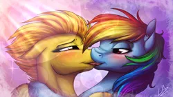 Size: 2560x1440 | Tagged: suggestive, artist:lupiarts, derpibooru import, rainbow dash, spitfire, pony, blushing, crepuscular rays, drool, duo, ear fluff, female, floppy ears, kissing, lesbian, love, nose wrinkle, romance, shipping, spitdash