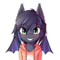 Size: 512x512 | Tagged: safe, artist:apony, derpibooru import, oc, oc:midnight aegis, unofficial characters only, bat, bat pony, pony, blushing, bust, clothes, ear fluff, hoodie, looking at you, simple background, smiling, solo, spread wings, transparent background