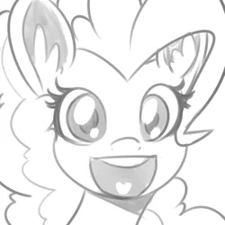 Size: 500x500 | Tagged: artist:reiduran, bust, dead source, derpibooru import, grayscale, looking at you, monochrome, open mouth, pinkie pie, portrait, safe, simple background, smiling, so fucking happy, solo, white background