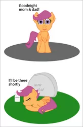 Size: 506x773 | Tagged: semi-grimdark, artist:planetkiller, derpibooru import, scootaloo, pegasus, pony, comic:wingermortis, chest fluff, codeine, comic, death, dialogue, eyes closed, female, filly, gravestone, looking at you, open mouth, overdose, pills, prone, scootaloo's parents, simple background, sleeping, smiling, suicide, we are going to hell