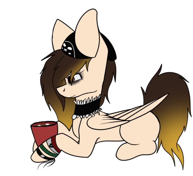 Size: 936x854 | Tagged: safe, artist:fizzy2014, derpibooru import, oc, unofficial characters only, pegasus, pony, choker, cup, female, mare, prone, simple background, solo, transparent background