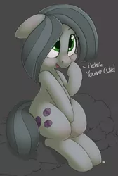 Size: 819x1222 | Tagged: safe, artist:pabbley, artist:transgressors-reworks, derpibooru import, edit, marble pie, earth pony, pony, blushing, colored, cute, dialogue, female, floppy ears, gray background, marblebetes, mare, open mouth, rock, simple background, sitting, smiling, solo, wrong eye color