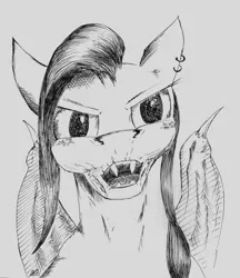 Size: 4407x5100 | Tagged: semi-grimdark, artist:sigridmarialer, derpibooru import, fluttershy, bat pony, pony, absurd resolution, fangs, flutterbat, grayscale, monochrome, piercing, race swap, simple background, solo, traditional art, wrinkles