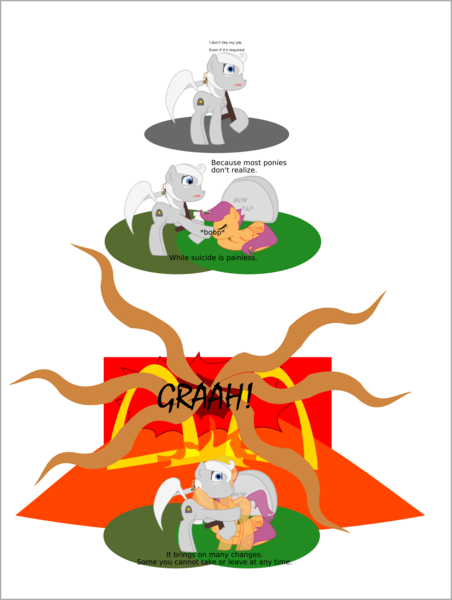 Size: 1438x1909 | Tagged: semi-grimdark, artist:planetkiller, derpibooru import, scootaloo, oc, oc:boop fandango, ghost, pegasus, pony, comic:wingermortis, boop, chest fluff, comic, death, female, filly, gates of hell, grave, grim reaper, hell, hug, missing cutie mark, sad, scythe, suicide, team fortress 2, tentacles, your eternal reward