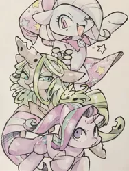 Size: 1536x2048 | Tagged: safe, artist:mosamosa_n, derpibooru import, queen chrysalis, starlight glimmer, trixie, pony, unicorn, cape, clothes, female, grin, hat, one eye closed, open mouth, simple background, smiling, stars, traditional art, trio, trio female, trixie's cape, trixie's hat, white background, wink