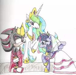 Size: 1000x989 | Tagged: safe, artist:cyrilsmith, derpibooru import, princess celestia, twilight sparkle, twilight sparkle (alicorn), alicorn, pony, crossover, marriage, shadow the hedgehog, shadtwi, sonic the hedgehog (series), traditional art, wedding