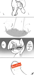 Size: 1000x2185 | Tagged: safe, artist:starykrow, derpibooru import, twilight sparkle, twilight sparkle (alicorn), alicorn, pony, buzzfeed, comic, dialogue, disgusted, flies, grayscale, monochrome, poop, sketch, solo, sweat, underhoof, vulgar, walking