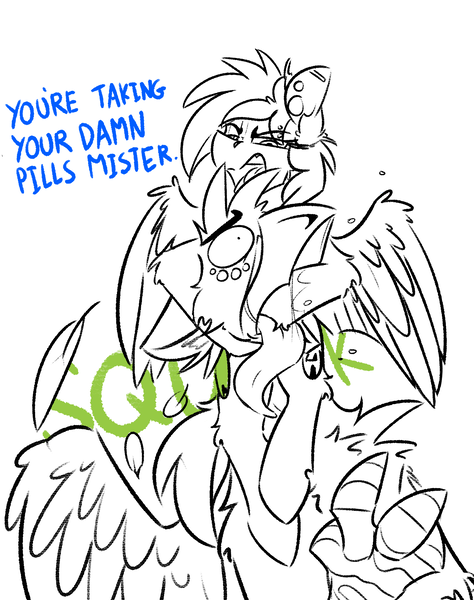 Size: 1580x2000 | Tagged: safe, artist:ralek, derpibooru import, oc, oc:ralek, oc:sapphire sights, unofficial characters only, gryphon, pegasus, pony, force feeding, gauges, medicine, monochrome, piercing, size difference, squawk, surprised, talking, tongue out, vulgar