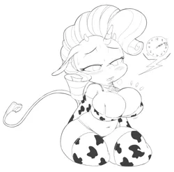 Size: 1280x1264 | Tagged: anthro, artist:purple-yoshi-draws, bell, big breasts, bikini, blushing, breast expansion, breasts, busty rarity, cleavage, clock, clothes, cow, cowbell, cowkini, cowprint, cow suit, derpibooru import, female, growth, huff, huge breasts, monochrome, open mouth, plump, raricow, rarity, simple background, solo, species swap, string bikini, suggestive, sweat, swimsuit, thunder thighs, torn clothes, wardrobe malfunction, white background, wide hips