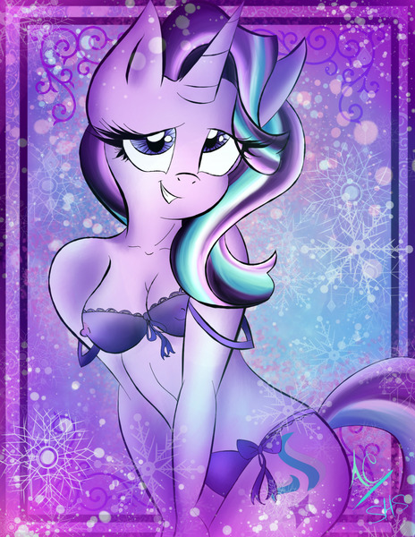 Size: 1275x1650 | Tagged: adorasexy, anthro, artist:animechristy, bra, breasts, busty starlight glimmer, clothes, cute, derpibooru import, erect nipples, female, frilly underwear, nipple outline, nipples, panties, purple underwear, questionable, ribbon, see-through, sexy, signature, solo, solo female, starlight glimmer, underwear