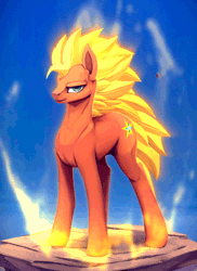 Size: 436x600 | Tagged: safe, artist:rodrigues404, derpibooru import, oc, oc:polistar, unofficial characters only, earth pony, pony, animated, anime, aura, battle aura, cinemagraph, commission, crossover, dragon ball z, electricity, gif, lidded eyes, looking at you, male, smiling, solo, stallion, super saiyan, super saiyan 3