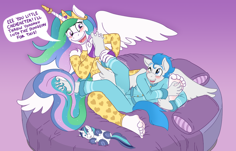 Size: 1200x768 | Tagged: suggestive, artist:caroo, derpibooru import, princess celestia, shining armor, oc, oc:dreamy daze, anthro, pegasus, plantigrade anthro, :3, barefoot, blushing, canon x oc, clothes, cute, feet, fetish, foot fetish, horn guard, horn sleeve, laughing, male, male feet, midriff, open mouth, pajamas, plushie, shipping, straight, teasing, tickle fetish, tickle fight, tickling