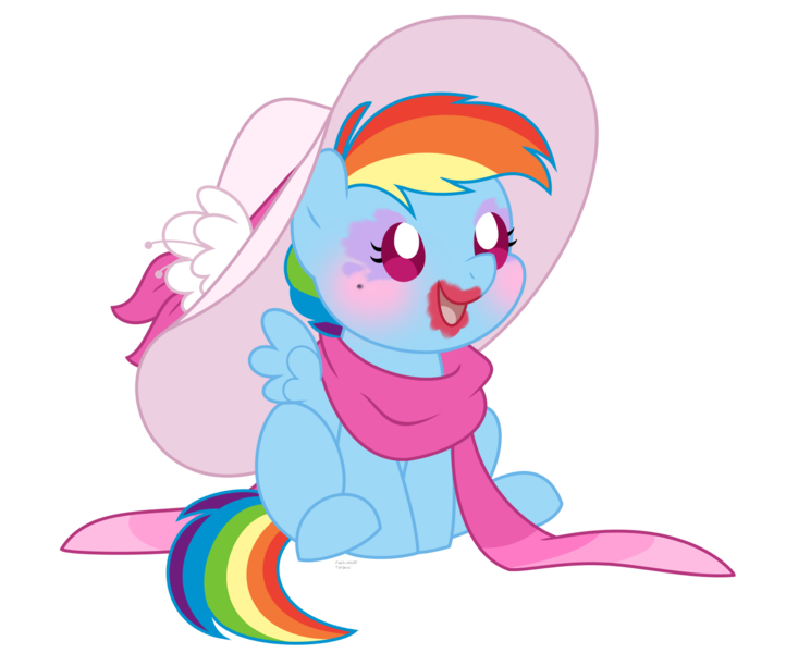 Size: 1482x1232 | Tagged: safe, artist:faith-wolff, derpibooru import, rainbow dash, pony, fanfic:the bridge, baby, baby dash, baby pony, clothes, cute, dashabetes, filly, filly rainbow dash, giant hat, hat, hnnng, lipstick, makeup, mythology gag, rainbow dash always dresses in style, scarf, simple background, solo, transparent background, weapons-grade cute