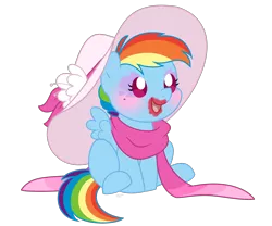 Size: 1482x1232 | Tagged: safe, artist:faith-wolff, derpibooru import, rainbow dash, pony, fanfic:the bridge, baby, baby dash, baby pony, clothes, cute, dashabetes, filly, filly rainbow dash, giant hat, hat, hnnng, lipstick, makeup, mythology gag, rainbow dash always dresses in style, scarf, simple background, solo, transparent background, weapons-grade cute