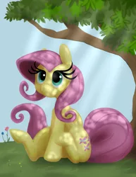 Size: 1280x1656 | Tagged: artist:carnivorousponyfluff, dappled sunlight, derpibooru import, eyelashes, fluttershy, folded wings, looking at you, safe, sitting, solo, tree, under the tree