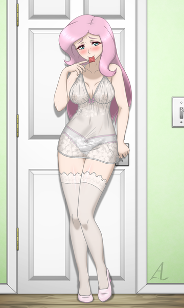 Size: 1200x2000 | Tagged: adorasexy, artist:acesrockz, bedroom eyes, blushing, breasts, busty fluttershy, clothes, condom, condom in mouth, cute, derpibooru import, door, female, fluttershy, frilly underwear, high heels, human, humanized, mouth hold, negligee, nightgown, nipples, panties, questionable, see-through, sexy, shyabetes, slippers, socks, solo, solo female, stockings, stupid sexy fluttershy, thigh highs, underwear, white underwear