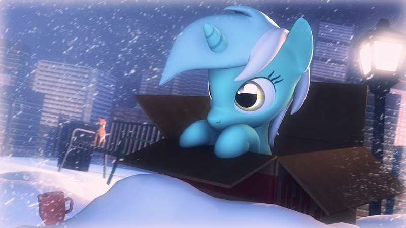 Size: 3840x2159 | Tagged: safe, artist:selestlight, derpibooru import, lyra heartstrings, dog, pony, 3d, box, cup, pony in a box, snow, source filmmaker