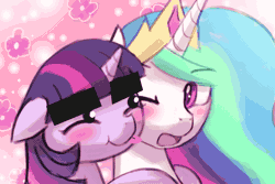 Size: 750x500 | Tagged: safe, artist:lumineko, derpibooru import, edit, princess celestia, twilight sparkle, twilight sparkle (alicorn), alicorn, pony, animated, blushing, colored pupils, cute, derp, eyebrows, floppy ears, flower, gif, hug, licking, lumineko's nuzzling princesses, non-consensual nuzzling, nuzzling, one eye closed, open mouth, rubbing, smiling, snuggling, surprised, thick eyebrows, tongue out