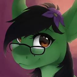 Size: 600x600 | Tagged: safe, artist:silentwulv, derpibooru import, oc, oc:prickly pears, unofficial characters only, pony, bust, female, flower, flower in hair, glasses, mare, portrait, solo