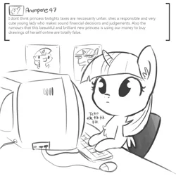 Size: 1080x1080 | Tagged: safe, artist:tjpones, derpibooru import, twilight sparkle, twilight sparkle (alicorn), alicorn, pony, abuse of power, astroturfing, blatant lies, chest fluff, computer, computer mouse, ear fluff, grayscale, keyboard, monochrome, narcissism, picture, sockpuppeting, solo, typing