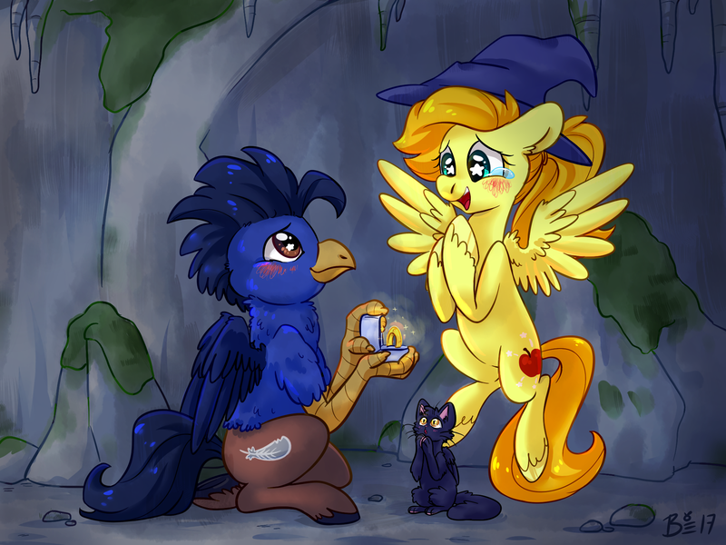 Size: 2000x1500 | Tagged: safe, artist:bloodorangepancakes, derpibooru import, oc, oc:appleshine, oc:breezewing, unofficial characters only, cat, hippogriff, pegasus, pony, blushing, crying, female, flying, happy, hat, mare, marriage proposal, ring, starry eyes, tears of joy, wingding eyes, witch, witch hat