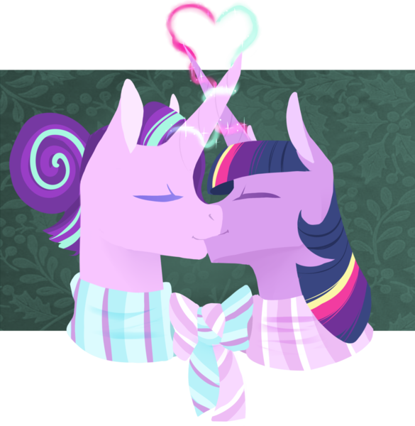 Size: 1280x1312 | Tagged: safe, artist:vindhov, derpibooru import, part of a set, starlight glimmer, twilight sparkle, twilight sparkle (alicorn), alicorn, pony, alternate hairstyle, clothes, eyes closed, female, glowing horn, hair bun, heart, hearth's warming, kissing, lesbian, lineless, magic, scarf, shipping, simple background, transparent background, twistarlight