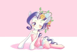 Size: 2894x2039 | Tagged: alternate hairstyle, artist:unousaya, babydoll, clothes, derpibooru import, flower, flower in hair, frilly, lingerie, nightgown, one eye closed, panties, pink underwear, rarity, see-through, simple background, smiling, socks, solo, stockings, suggestive, thigh highs, thong, underwear, wink