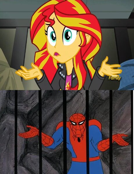 Size: 783x1020 | Tagged: safe, derpibooru import, sunset shimmer, equestria girls, rainbow rocks, 60s spider-man, comparison, meme, shrug, shrugset shimmer, spider-man