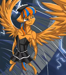 Size: 500x571 | Tagged: anthro, anthro oc, artist:cladz, clothes, crossdressing, derpibooru import, dress, lightning, maid, male, oc, oc:cold front, safe, smiling, solo, stallion, storm, tornado, unguligrade anthro, unofficial characters only