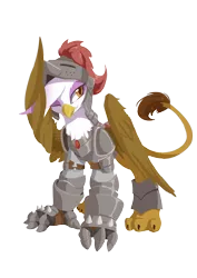 Size: 850x1200 | Tagged: safe, artist:l8lhh8086, derpibooru import, gilda, gryphon, armor, bracer, breastplate, female, gauntlet, helmet, image, looking to side, one eye closed, png, simple background, solo, spiked gauntlets, standing, transparent background, wing hands