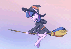 Size: 1100x756 | Tagged: animated, anime, artist:mrscroup, belt, broom, clothes, crossover, cute, derpibooru import, dress, flying, flying broomstick, gif, hat, little witch academia, safe, side slit, simple background, skirt, skirt lift, smiling, solo, twilight sparkle, witch, witch hat