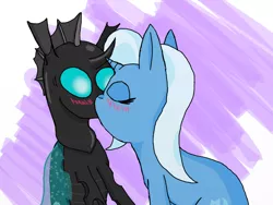 Size: 800x600 | Tagged: safe, artist:eulicious, derpibooru import, thorax, trixie, changeling, pony, unicorn, blushing, eyes closed, female, kissing, male, mare, shipping, simple background, straight, thoraxie