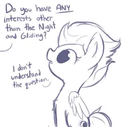 Size: 1080x1080 | Tagged: safe, artist:tjpones, derpibooru import, night glider, pegasus, pony, chest fluff, confused, cute, dialogue, fluffy, frown, glideabetes, looking up, monochrome, offscreen character, open mouth, simple background, sitting, solo, that pony sure does love the night and gliding, white background