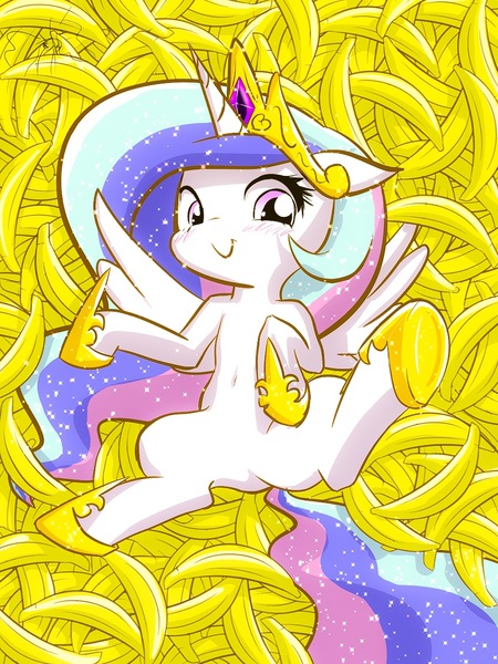 Size: 960x1280 | Tagged: safe, artist:phoenixperegrine, derpibooru import, princess celestia, pony, banana, bananalestia, belly button, food, jewelry, looking at you, regalia, smiling, solo