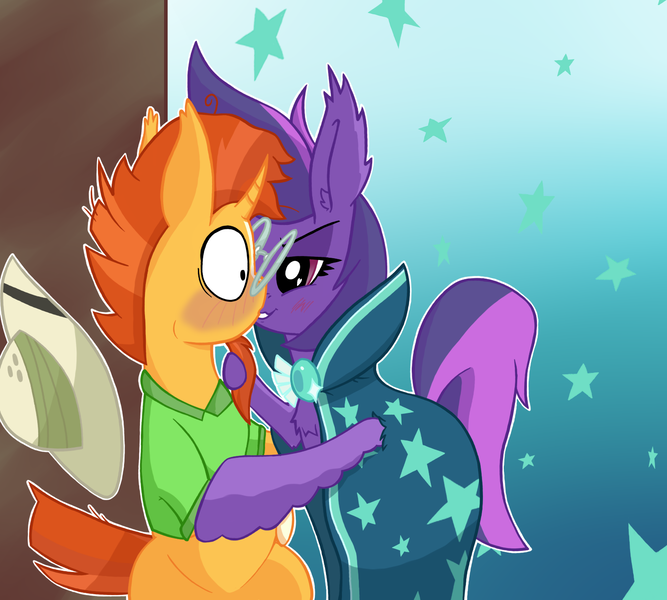 Size: 1500x1350 | Tagged: artist:dragonpone, blushing, chest fluff, clothes swap, crack shipping, derpibooru import, ear fluff, glasses, hat, heart eyes, lidded eyes, looking at each other, male, older, safe, shipping, sitting, smirk, spread wings, stars, straight, sunburst, sunspark, surprised, violet spark, wide eyes, wingding eyes, wing hands