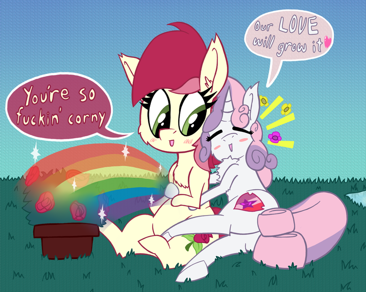 Size: 1499x1200 | Tagged: artist:dragonpone, blushing, blush sticker, cheek fluff, chest fluff, chubby, crack shipping, cuddling, cutie mark, derpibooru import, dialogue, ear fluff, female, flower, heart, hug, lesbian, looking back, love, older, open mouth, plot, pond, potted plant, rainbow, rose, rosebelle, roseluck, safe, shipping, sitting, smiling, snuggling, sparkles, sweetie belle, the cmc's cutie marks, underhoof, vulgar