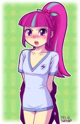 Size: 775x1202 | Tagged: suggestive, artist:uotapo, derpibooru import, sour sweet, equestria girls, :o, abstract background, blushing, bottomless, breasts, clothes, colored pupils, delicious flat chest, female, freckles, glare, looking at you, open mouth, partial nudity, ponytail, shirt, signature, solo, solo female, sourdere, tsundere, undressing