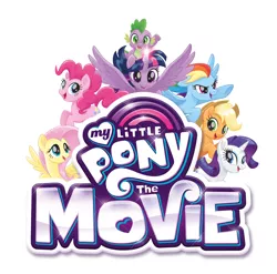 Size: 7350x7273 | Tagged: safe, derpibooru import, official, applejack, fluttershy, pinkie pie, rainbow dash, rarity, spike, twilight sparkle, twilight sparkle (alicorn), alicorn, pony, my little pony: the movie, absurd resolution, logo, looking at you, looking back, mane seven, mane six, movie designs, my little pony logo, open mouth, simple background, smiling, spread wings, white background