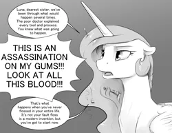 Size: 1280x989 | Tagged: safe, artist:silfoe, derpibooru import, princess celestia, alicorn, pony, royal sketchbook, celestia is not amused, dentist, dialogue, female, floppy ears, gradient background, grayscale, implied princess luna, mare, monochrome, offscreen character, on the moon for too long, open mouth, speech bubble, toothbrush, unamused, yelling