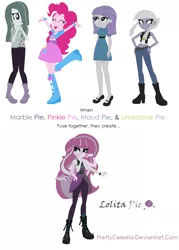 Size: 952x1328 | Tagged: safe, artist:prettycelestia, derpibooru import, limestone pie, marble pie, maud pie, pinkie pie, equestria girls, boots, bracelet, clothes, equestria girls-ified, fusion, gem fusion, high heel boots, high heels, jewelry, mary janes, multiple arms, pie sisters, shoes, skirt, steven universe