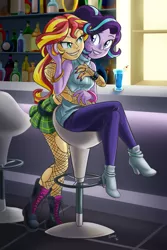Size: 800x1200 | Tagged: safe, alternate version, artist:shaxbert, derpibooru import, starlight glimmer, sunset shimmer, human, equestria girls, bar, boots, clothes, crossed legs, female, fishnets, high heel boots, high heels, hilarious in hindsight, hug, hug from behind, lesbian, lipstick, midriff, nana (series), pantyhose, shimmerglimmer, shipping, skirt