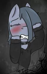 Size: 537x843 | Tagged: ahegao, ahego meme, artist:lazerblues, choker, clothes, collar, derpibooru import, hoodie, implied sex, inky pie, lonely inky, marble pie, solo, suggestive
