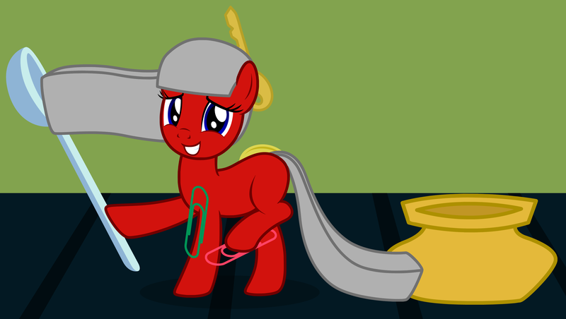 Size: 3124x1764 | Tagged: safe, artist:badumsquish, derpibooru import, oc, oc:maggy, ponified, unofficial characters only, magnet pony, object pony, original species, pony, bits, blank flank, caught, coin, embarrassed, female, grin, hoof hold, inkwell, key, looking at you, magnet, paperclip, raised hoof, raised leg, silly, silly pony, smiling, solo, spoon, squee, tiny ponies