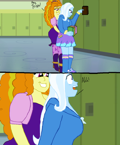 Size: 1450x1759 | Tagged: suggestive, artist:ktd1993, derpibooru import, adagio dazzle, trixie, equestria girls, book, comic, dialogue, female, from behind, grope, lesbian, shipping, triagio