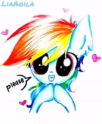 Size: 467x567 | Tagged: safe, artist:liaaqila, derpibooru import, rainbow dash, pegasus, pony, cute, dashabetes, dilated pupils, ear fluff, female, filly, filly rainbow dash, grin, heart, looking at you, puppy dog eyes, simple background, smiling, solo, squee, white background, younger