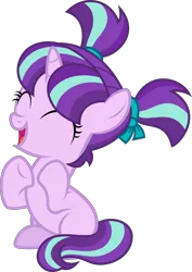 Size: 5036x7132 | Tagged: safe, artist:pink1ejack, derpibooru import, starlight glimmer, pony, unicorn, the cutie re-mark, absurd resolution, clapping, cute, eyes closed, filly, filly starlight glimmer, glimmerbetes, hair ribbon, happy, open mouth, pigtails, simple background, sitting, smiling, solo, transparent background, underhoof, vector, younger
